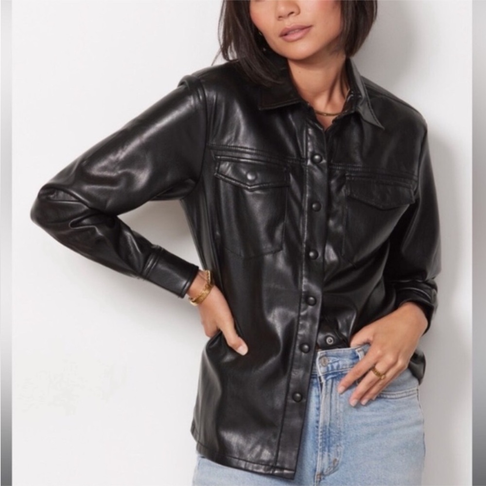 Good American Faux Leather Black Military Shirt Jacket S